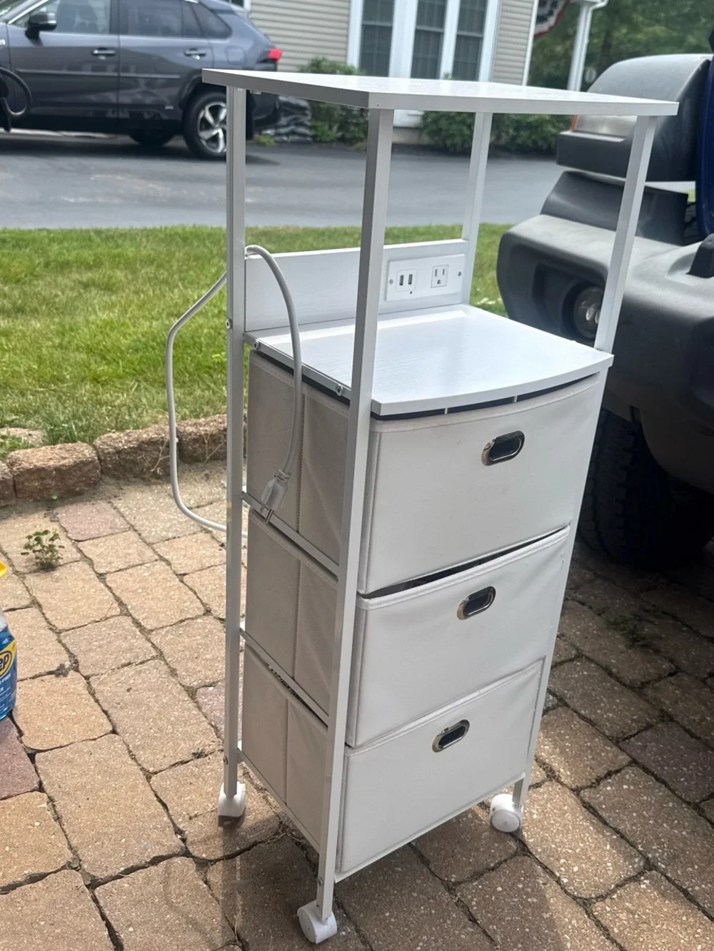 White Mobile Storage Cart with 3 Drawers and Built-In Outlets